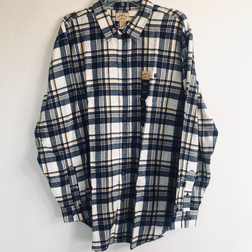 Blue Mountain Shirt Mens XLT Blue Flannel Plaid Long Sleeve Button Up Cotton NWT